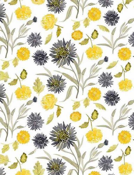 Gelbe und Graue Blumen auf weißem Hintergrund by Stella Design